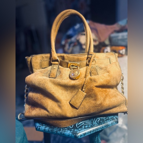 Michael Kors Handbags - Michael Kors “Hamilton” Distressed Ostrich Leather Suede Padlocked Shoulder Bag